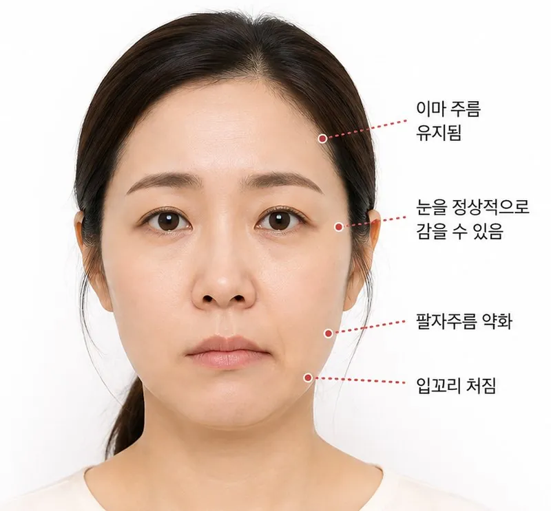 중추성 안면마비: 이마 주름은 유지되고 얼굴 아래쪽만 마비된 모습