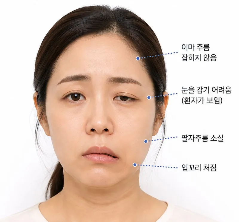 말초성 안면마비: 이마 주름이 잡히지 않고 눈이 감기지 않으며 입꼬리가 처진 모습
