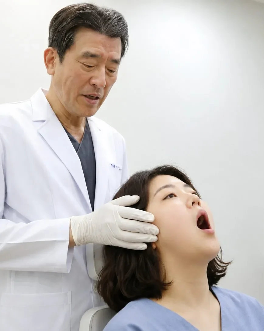 안면마비 회복 기간|환자의 턱관절 상태를 진찰하는 의료진